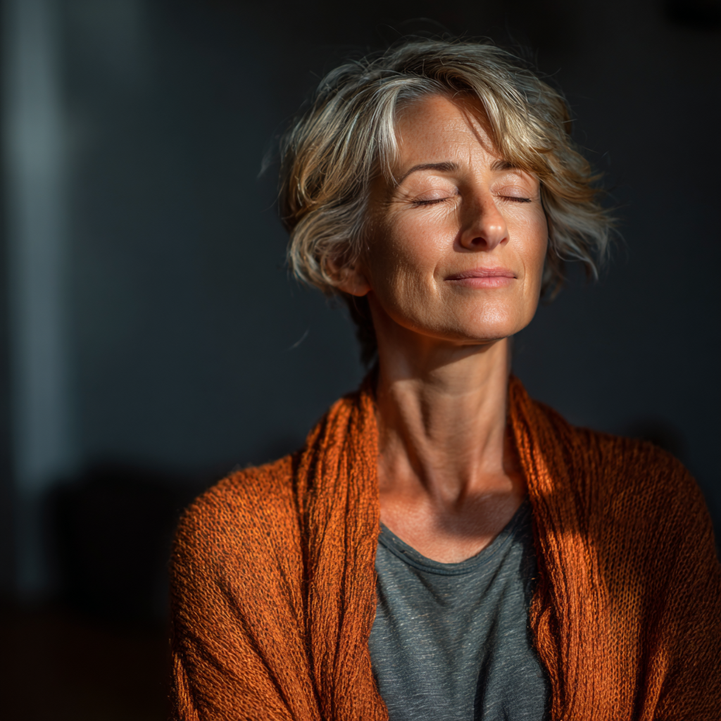 Peaceful young woman with European features practicing gentle yoga poses in a serene studio setting, smiling warmly with natural lighting