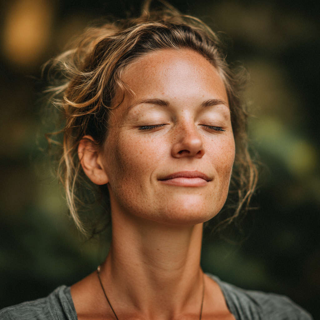 Serene middle-aged European woman with peaceful expression demonstrating meditation pose, radiating calm and contentment in soft natural lighting